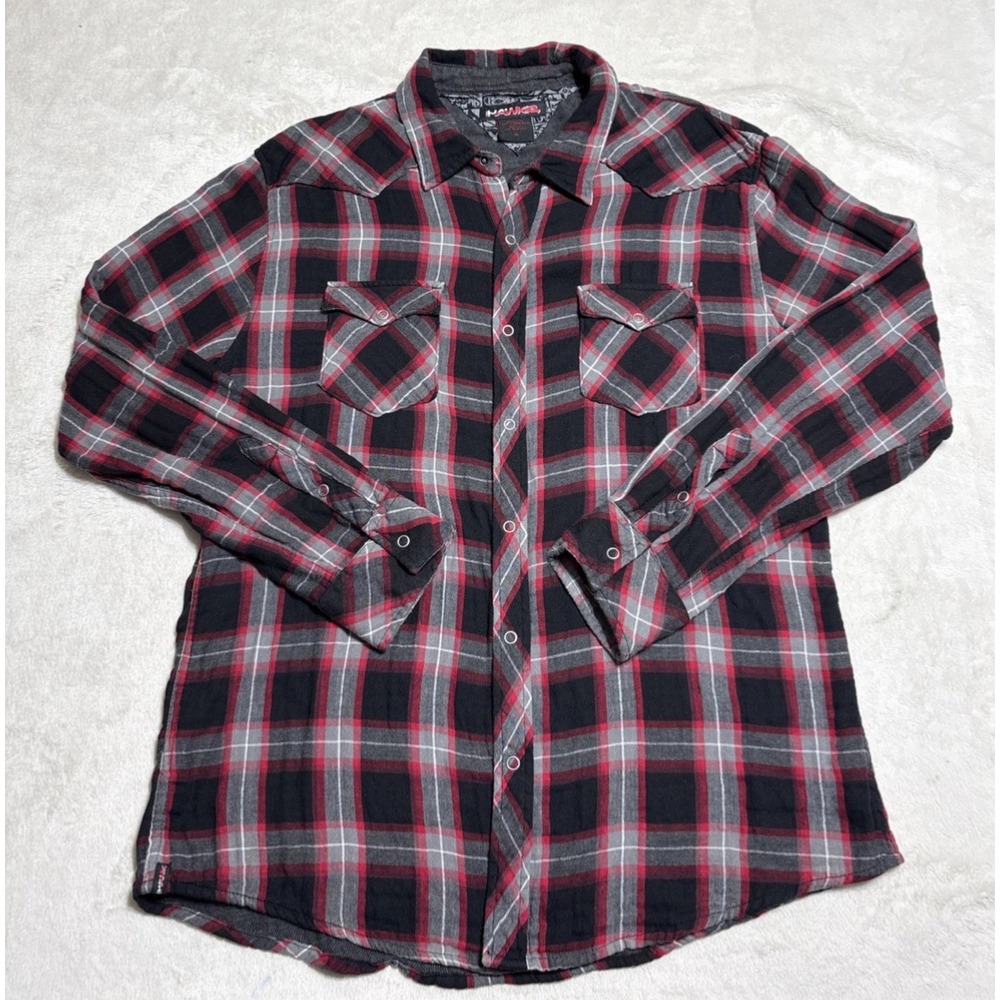 Hawk Men's Flannel Shirt Size XL Red Plaid Snap Up Long Sleeve